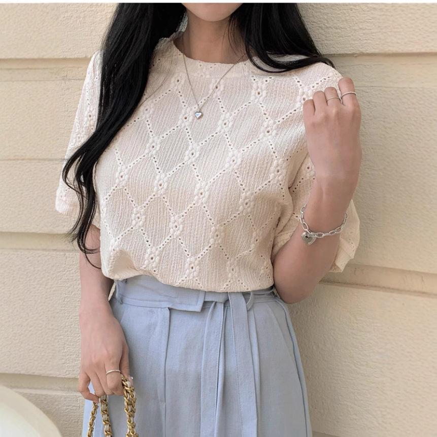 

Женская летняя футболка с круглым вырезом, коротким рукавом, жаккардовая, однотонная, пуловер, топ XL