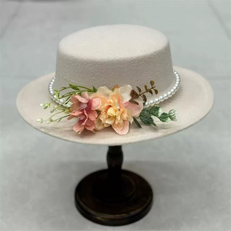 Dark Brown Faux Floral Felt Hat Wedding Hat Women'S Jazz Hat Panama French Elegant Felt Hat Somprero Mujer Chapeau Femme Luxe