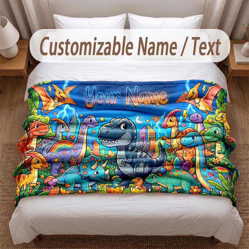 Dinosaur Theme Soft Blanket Personalized Custom Name Text Print Warm Blanket Home Sofa Bedroom Decor