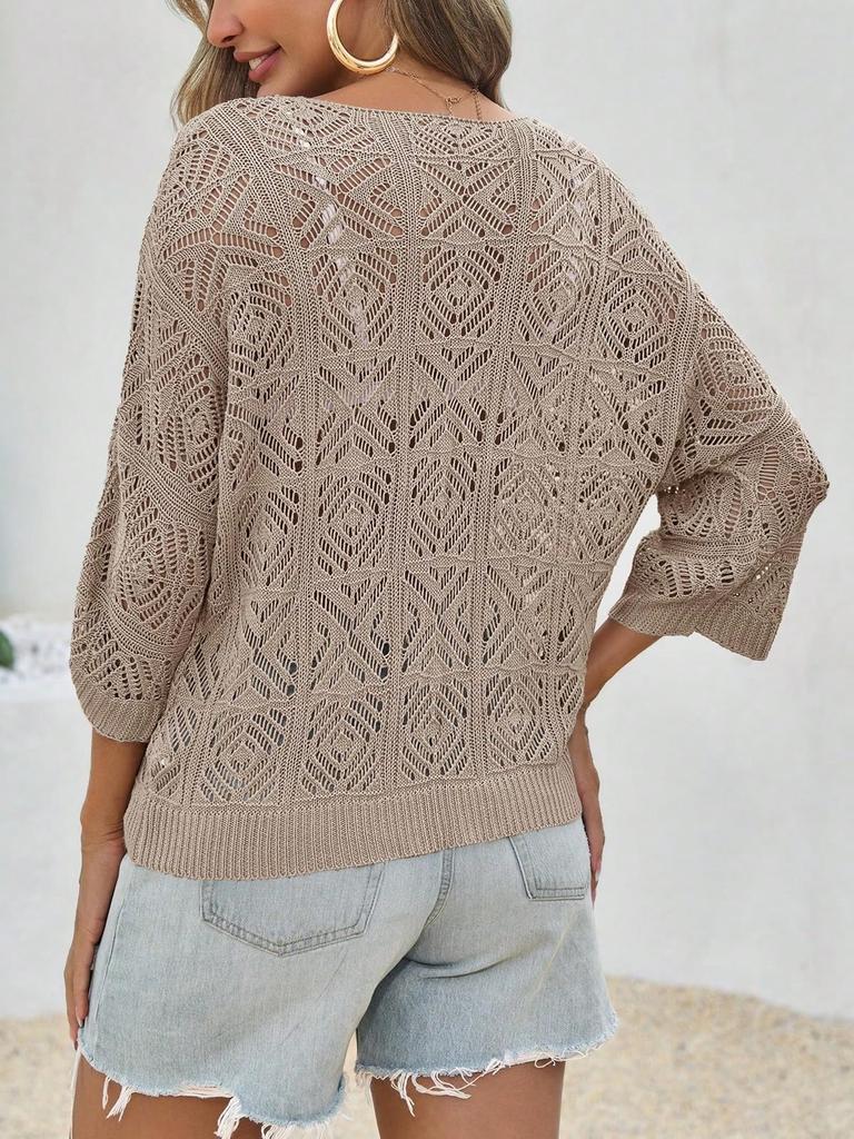 Women's Crochet Hollow Out Cover Up Top Off Shoulder Three Quarter Sleeve Mesh Beachwear
