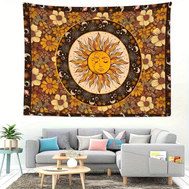 1 Bohemian Sun and Moon Tapestry with Floral and Celestial Patterns - Vintage Wall Hanging for Bedroom, Dorm, Polyester Fabric