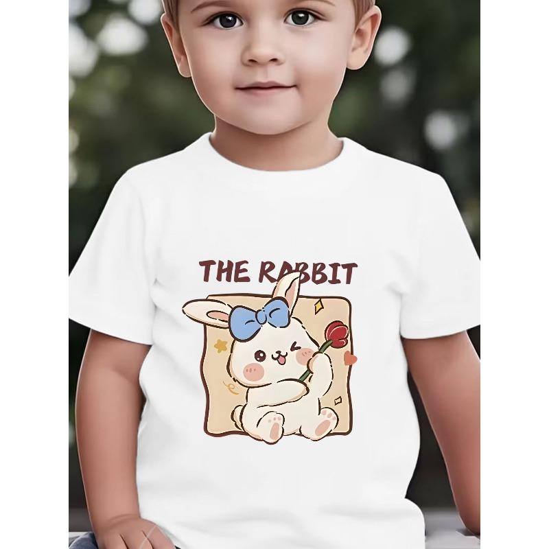 Boys Summer Crewneck T-Shirt, Cute Winking Tongue White Rabbit Cartoon Print Short Sleeve Kids Casual Top 110