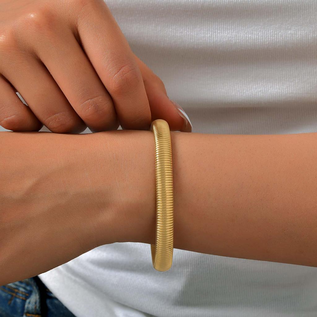 Stainless Steel Elastic Opening Bracelet for Women,Gold Color Waterproof Stripe Bangle Bracelets,Classic Jewelry Gifts