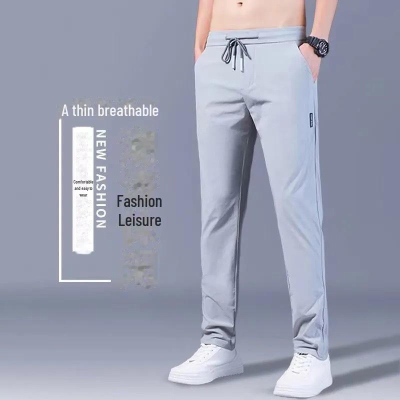

Мужские узкие прямые повседневные летние брюки - легкие, эластичные, с эластичным поясом, свободный крой L светло-серый