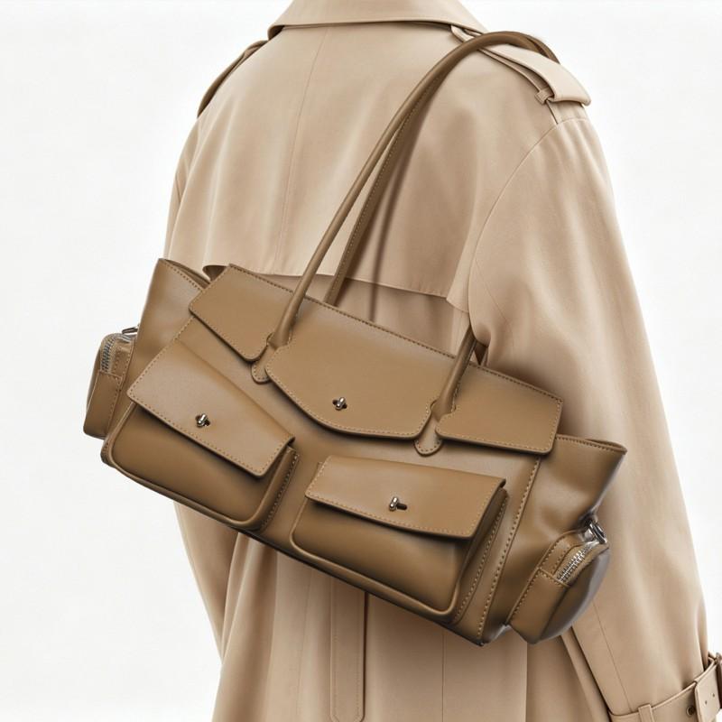 Large Capacity Tote Bag Women Khaki Crossbody Shoulder With Zip PU Leather Daily Commute Casual Use