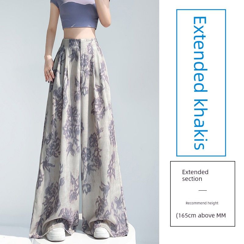 Small ICE Cotton Hemp Printing Work Clothing High Waist Elastic Slim Looking Loose Straight-leg Casual Loose Pants Mop Pants Women