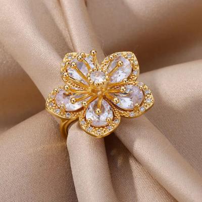 Women Ring Shiny Cubic Zirconia Flower Shape Finger Ring Adjustable Design Ring Exquisite Workmanship