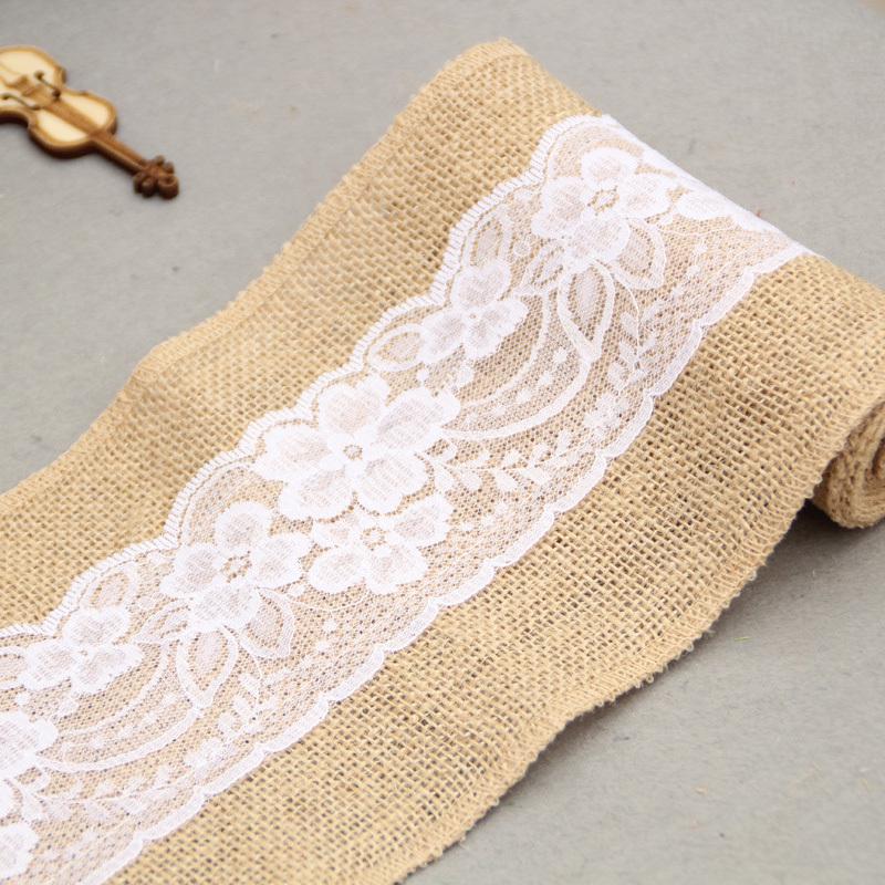15*240 CM Vintage Jute Burlaps with White Lace Roll Craft Ribbon for Wedding Decoration In Table