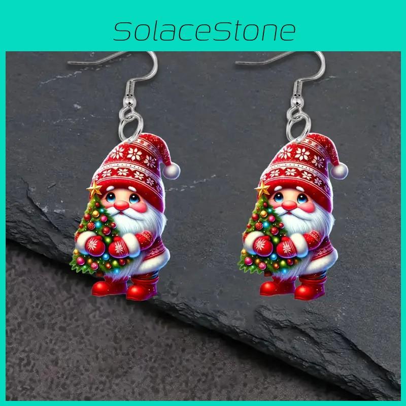 Christmas Themed Santa Claus Holding Tree Pattern Women Acrylic Earrings For Unisex Party Wear And Celebration
