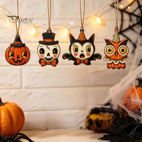 Black Cat Mummy Wooden Tree Pendants 6Pcs Vintage Halloween Ornaments for Decorations, Pumpkin Wood Cutout Pastoral Cute Indoor Decor Owl Hanging