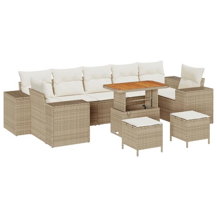 Ensemble de canapé de jardin 10 pièces avec coussins beige en poly rotin acacia, Ensemble de salle à manger de jardin 3 3363941