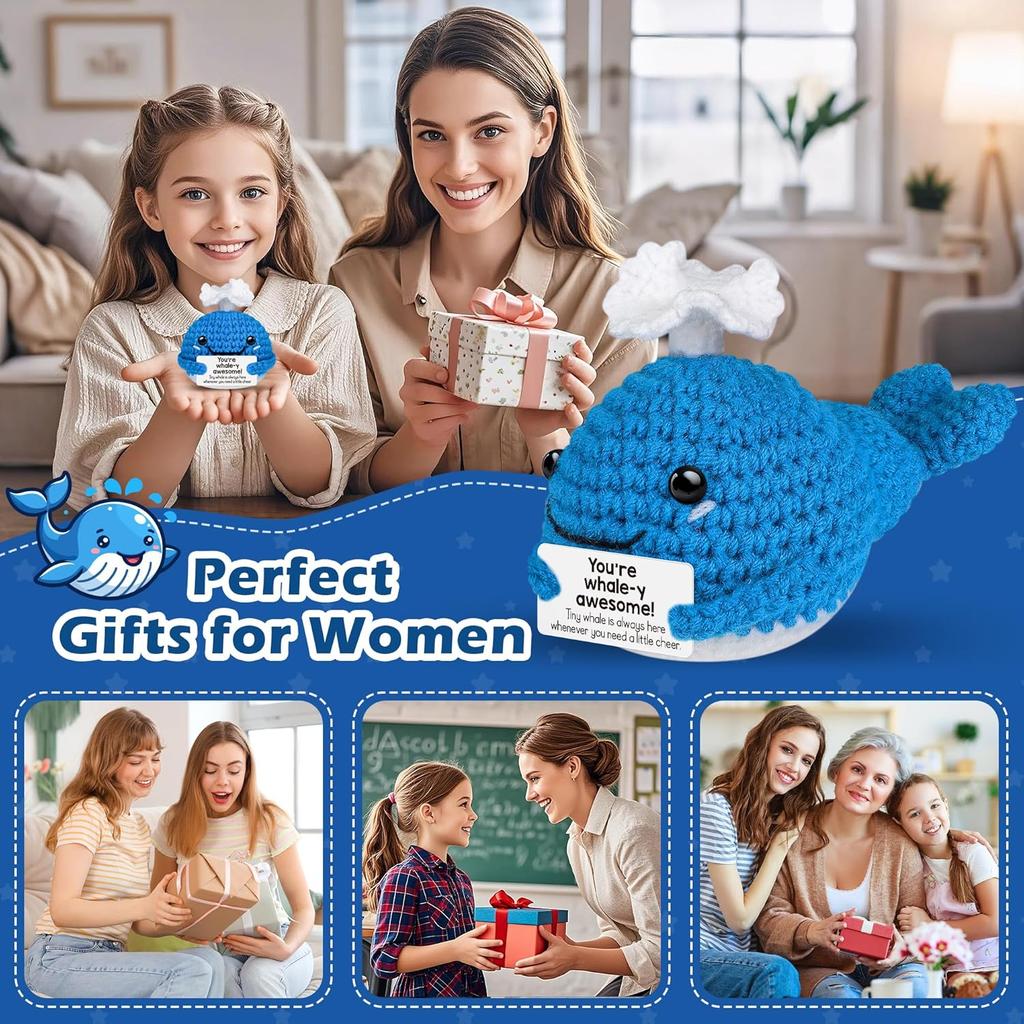 Funny Crochet Emotional Support Whale Gifts Desktop Ornament Handmade Knitted Whale Doll With Card Home Room Christmas Decor