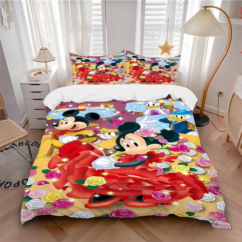 3pcs Mickey Mouse Minnie Mouse Floral Bedding Set Includes 1 Quilt Cover and 2 Pillowcases, Comfortable Bedding W071
