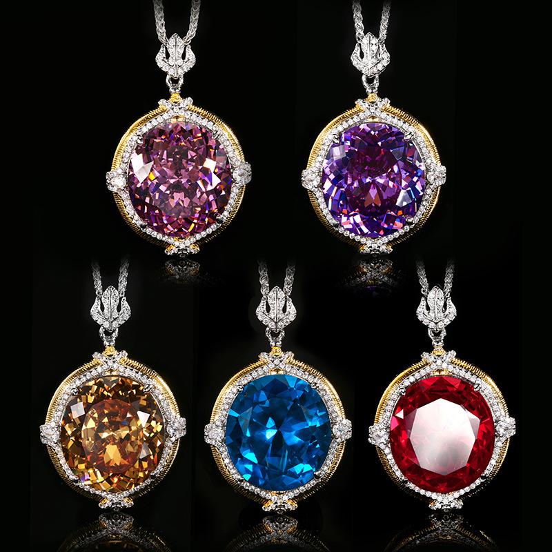 Jewelry Copper Bottom Gold-Plated Simulation Blue Spinel Temperament Retro Pendant Necklace Stone 18 * 20