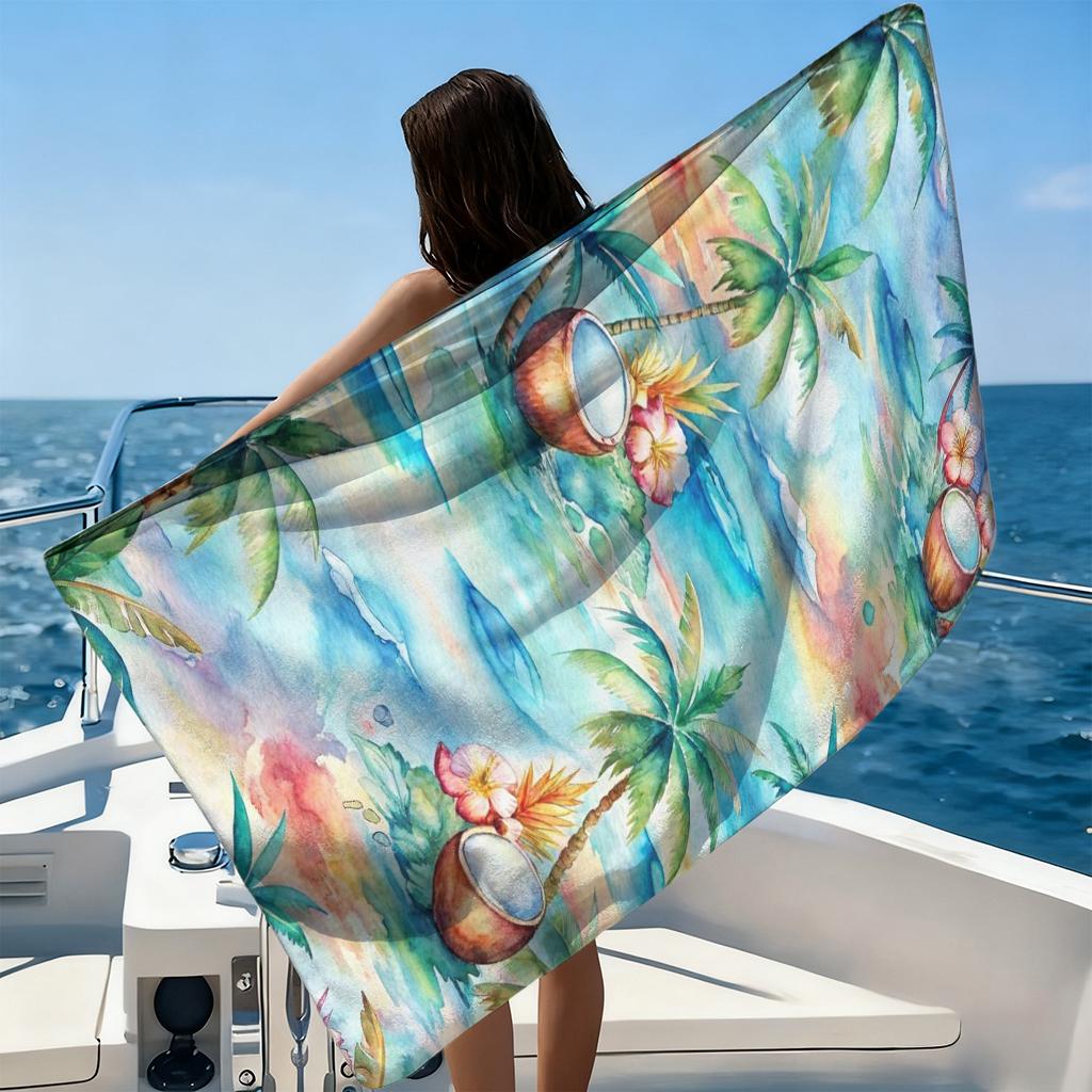 1pc Coconuts&Coconut Trees by the Sea Beach Towel Super Absorbent Suitable for Beach Vacation Pool Summer Gift for Friends