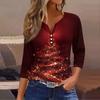 Women's Fashion Casual Christmas Tree Print V-Neck Decorative Button Three-Quarter Sleeve T-Shirt Top