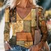 Ladies Spring Autumn Long Sleeve V Neck Loose Printed Pullover T Shirt Blouse Top