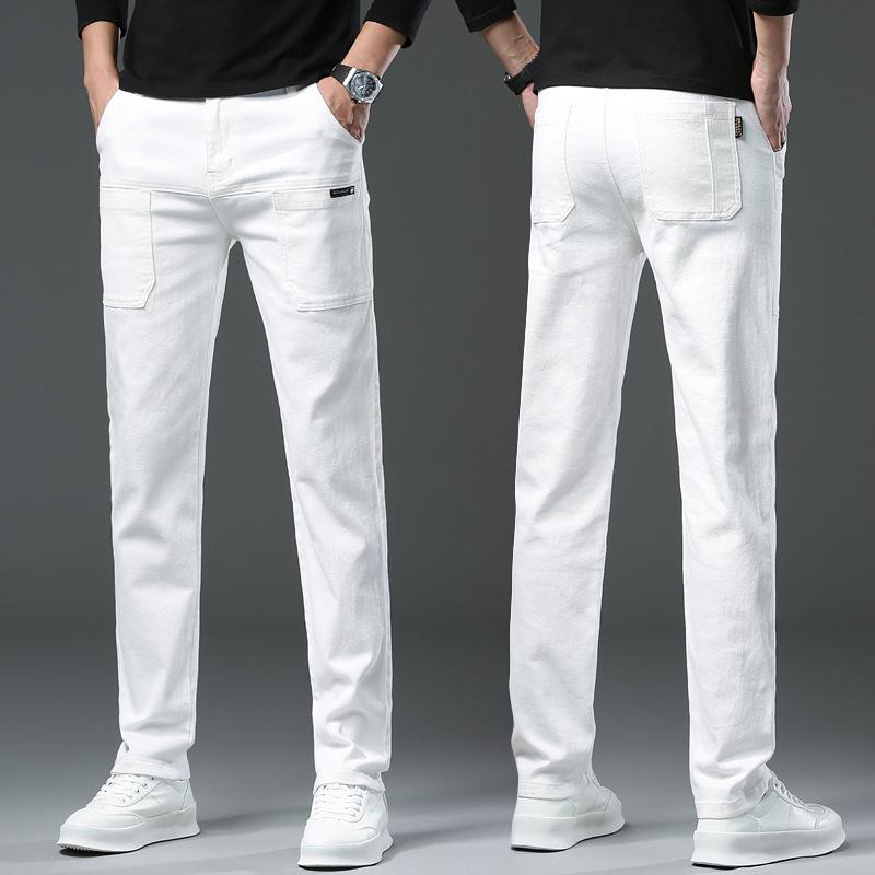 Men's White Six-pocket Stretch Jeans Men's Spring and Summer Trend Straight Slim Multi-pocket Colour Trousers