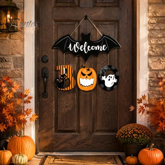 Spooky Home Entrance Sign Halloween BOO Door Sign, Bat Welcome Hanging Wooden Ghost Pumpkin Gift for Friends Black Cat Hanger Ornaments Front