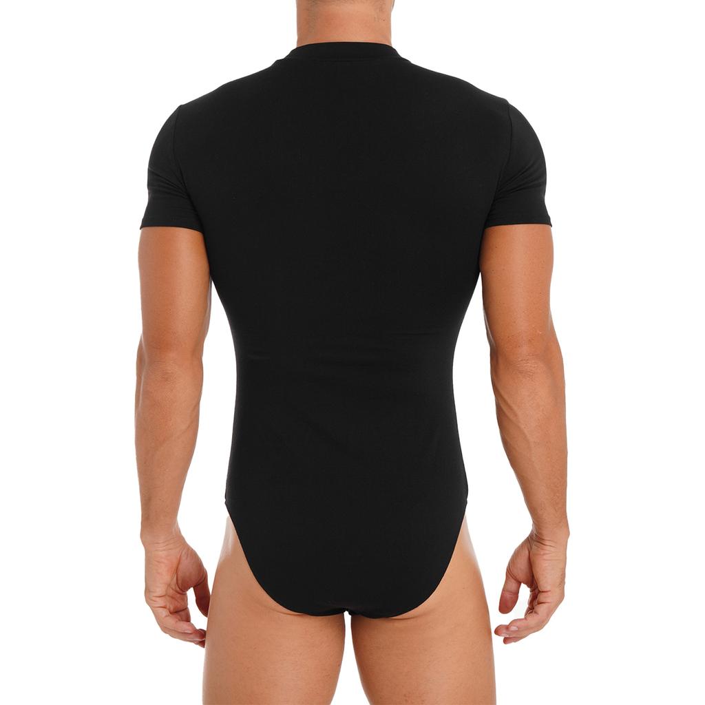 Men Crew Neck Short Sleeve Leotard Undershirt Press Button Crotch Bodysuit Casual Solid Color Skinny Jumpsuit for Daily Wear Layering