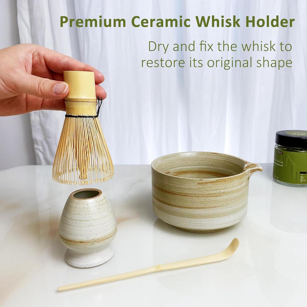 4pcs Matcha Set, Japanese Matcha Kit, Matcha Whisk Set with 17oz Matcha Bowl with Spout, Whisk Holder & Bamboo Scoop, Matcha Tea Set, Matcha Starter