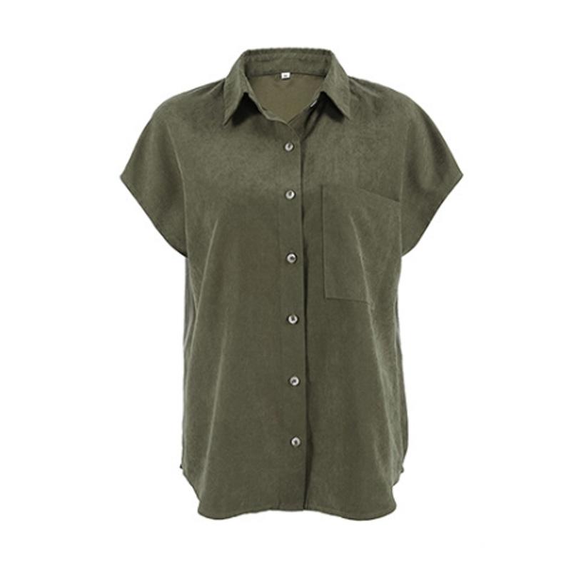 

Повседневная рубашка поло с короткими рукавами и воротником-стойкой в винтажном стиле, женская зеленая свободная блузка с карманами, однобортный однотонный топ в стиле Харадзюку, весна-лето L зелёный