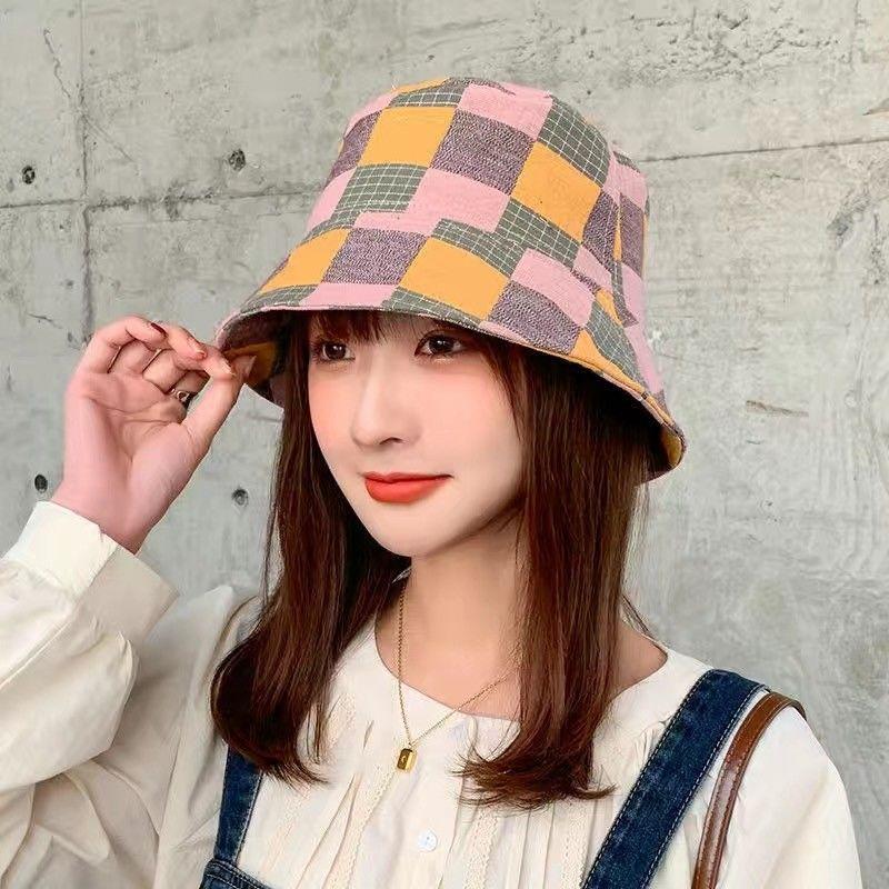 Niche Plaid Color Matching Bucket Hat Women's Four-season Pure Cotton Breathable Versatile Sunscreen Sunshade Sunscreen Basin Hat