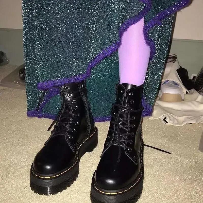Nye Dame Motorsykkelstøvler Casual Sko Dame Lær Minimalistisk Klassisk Punk Dame Goth Sko Plattformstøvler Dame Botas Mujer