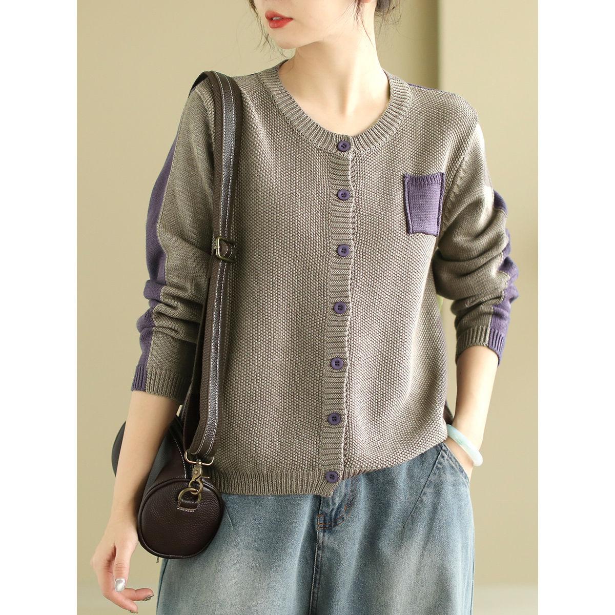 

Spring literary and artistic new retro color matching loose cardigan women s round neck contrasting color splicing jacket m recommended 45-55kg фіолетовий