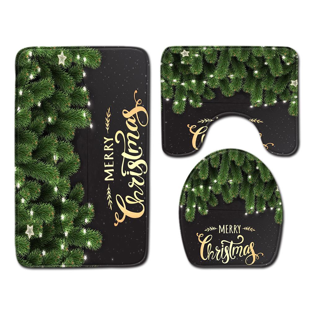 Christmas Bathroom Non-Slip Door Mat, Shower Curtain Floor Mat Combination Four-Piece Toilet Absorbent Carpet