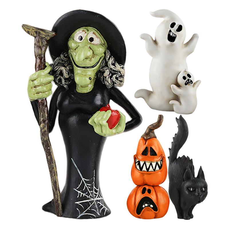 Halloween Resin Sculpture Spooky Witch Black Cat Pumpkin Ghost Horror Resin Figurines Table Centerpiece Halloween Decoration
