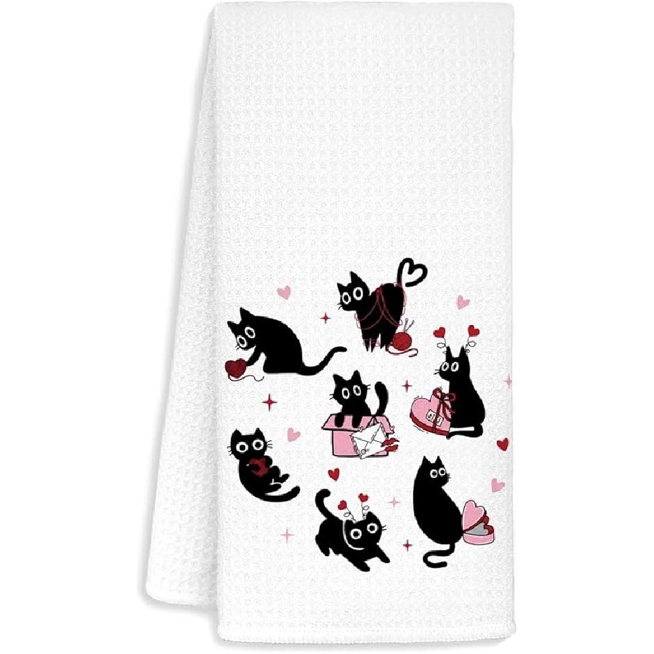 Valentines Day Cat Gifts for Her Him Kids Cats Lovers Women, Cat Valentines Day Decoration Hand Towel for Kitchen Bathroom, Funny Kitchen Towels Cats Love