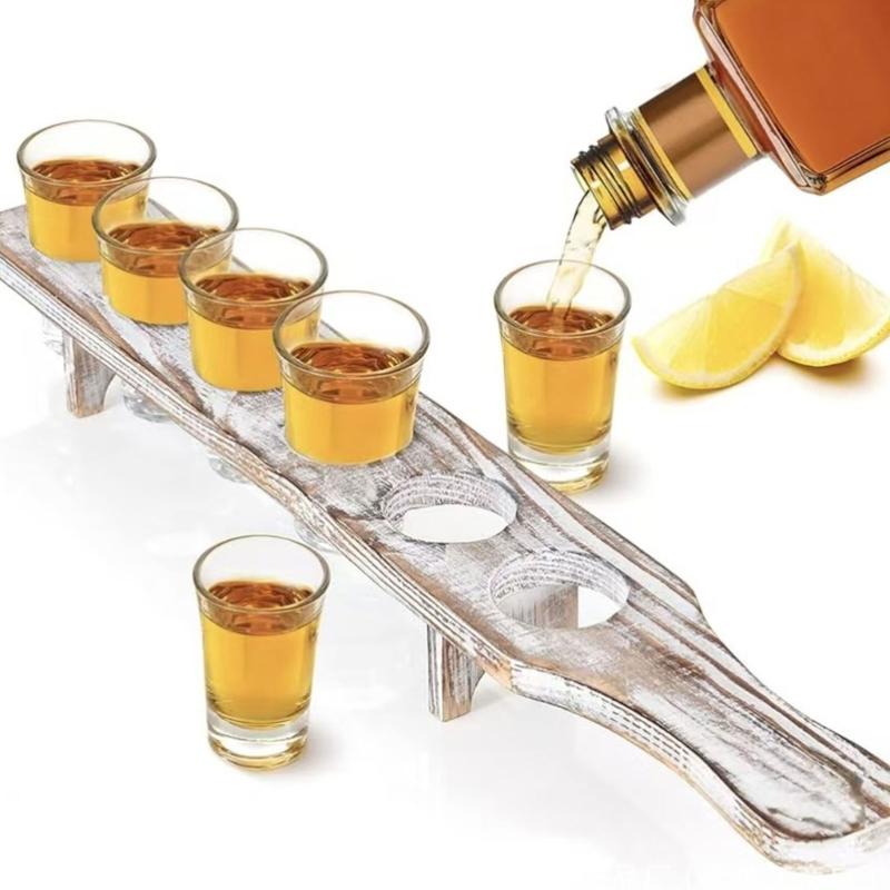 6 Holes Wooden Stand for Tequila Shot Glasses Presentation Tray Large Capacity Display Storage Solution