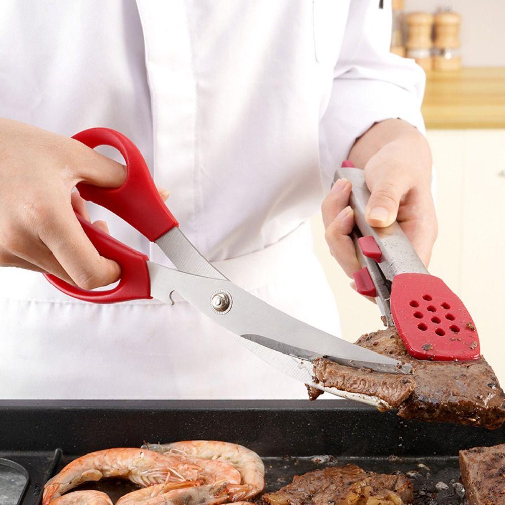 Heavy Duty Easy To Use Multipurpose Stainless Steel BBQ Tongs Food Shears Kitchen Scissors Clip