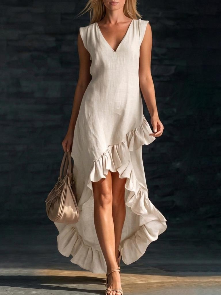 Women Beige Sleeveless V Neck Dress with Asymmetric Ruffle Hem Casual Summer Midi Dress