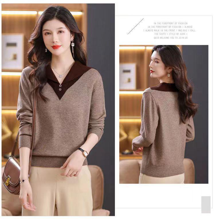 Nový stylový pletený svetr v barevných blocích - Dámský úzký top podzimní/zimní móda