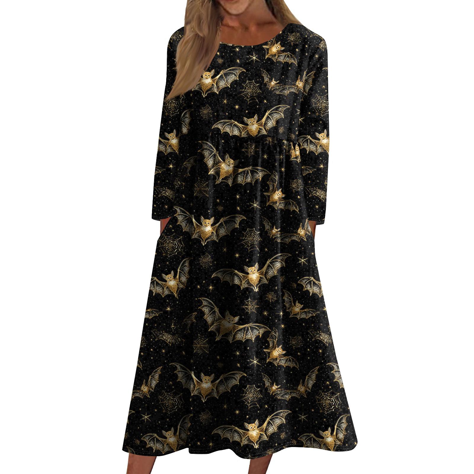 

Women s Casual Crew-neck Halloween Print Mid-length Dress Long-sleeved Dress With Pocket L