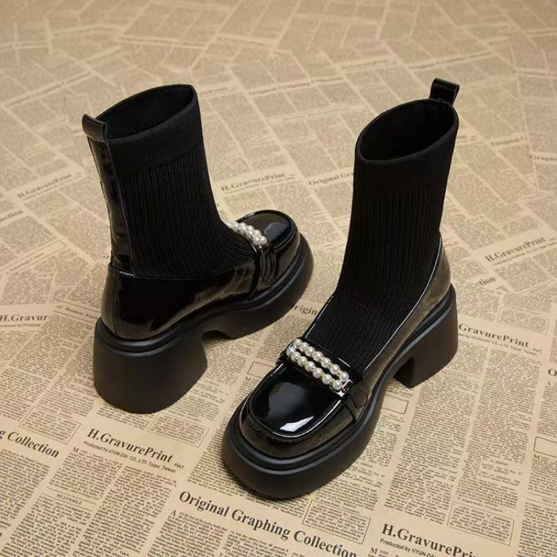 Booties for Women Autumn and Winter New Velvet High Heel Foreign Style Skinny Boots Small Person Thick Heel Platform Sole