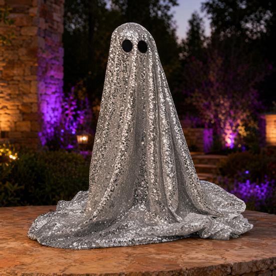 Dekoracja Duch na Halloween, Błyszcząca Figurka Ducha Zewnętrzna z Materiału z cekinami, Świecący Upiorny Duch na Imprezy Halloweenowe, Trawnik Zewnętrzny, Dekoracja Werandy