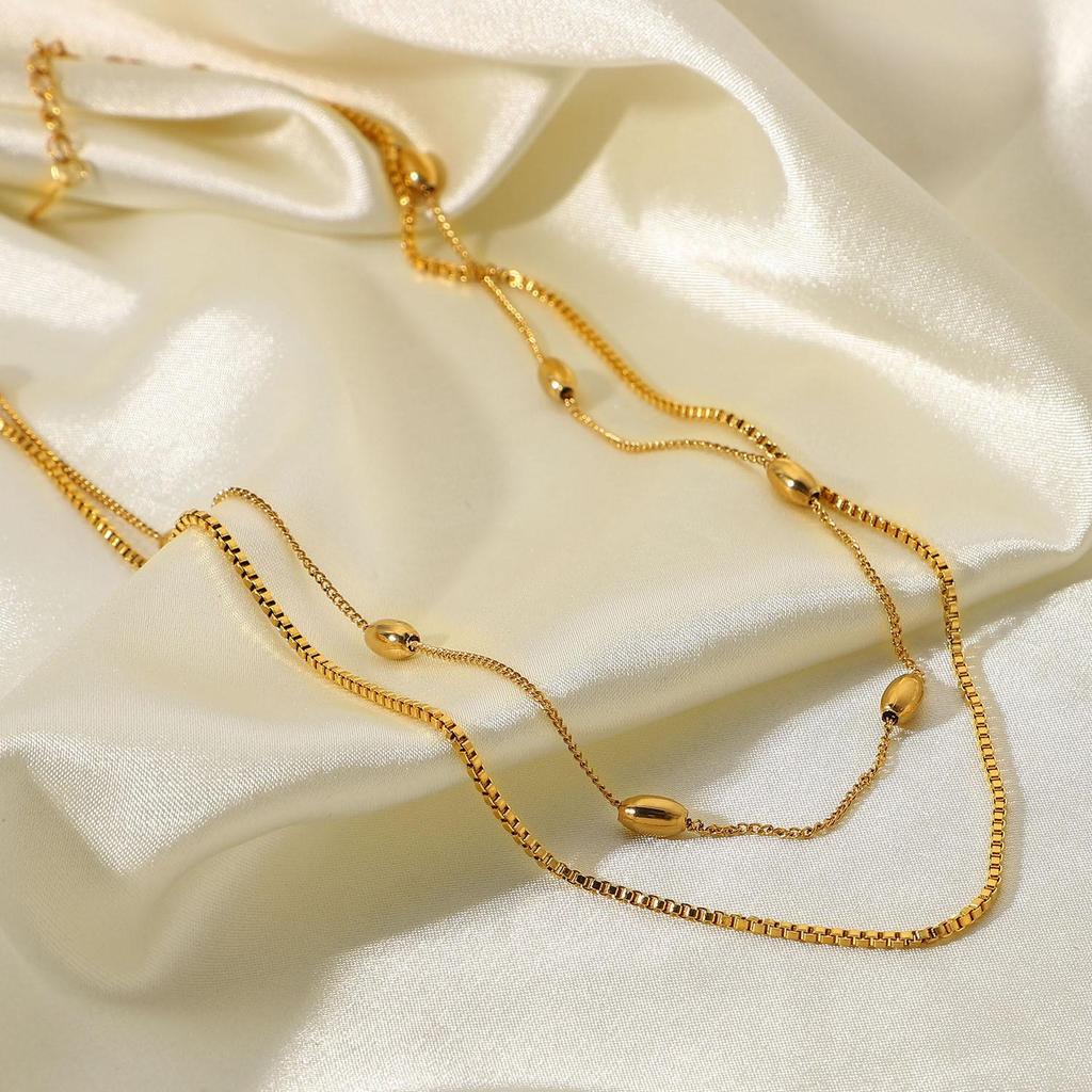 18K Vergoldete Doppellagige Edelstahl-Halskette mit Ovalen Perlen für Damen