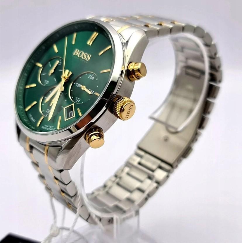 Hugo Boss 1513878 Men's Watch Silver/Gold Strap Green Dial 44 Mm + Box