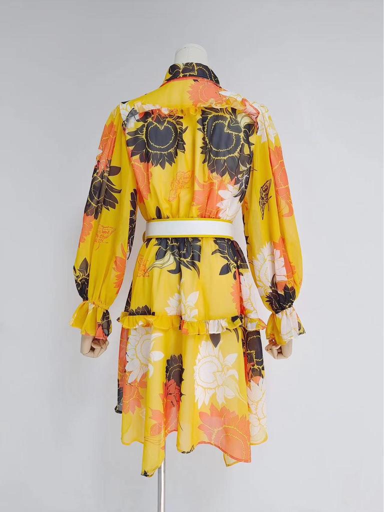 2023 Autumn Women's Short Dress: Lapel, Lantern Sleeves, Single-Breasted with Buckle Belt and Waist Print Detail