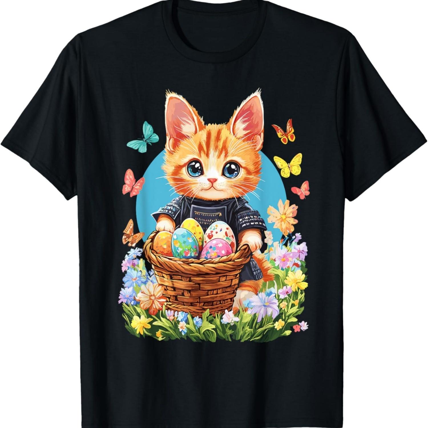 Adorable Easter Kitten with Colorful Eggs and Spring Flowers T-Shirt S чёрный
