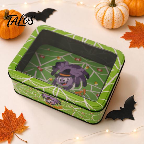 Desktop Decorative Storage Halloween Tin Box with Clear Lid, Witch Pumpkin Ghost Candy Snack Holders Container for Cookies Snacks, Festive Organizer