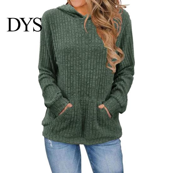 Warm Long-sleeve Sweater Women Knitted Hooded Long Sleeve Loose Fit Ribbed Knitting Pullover Tops with Pockets Casual Solid Color Autumn Knitwear