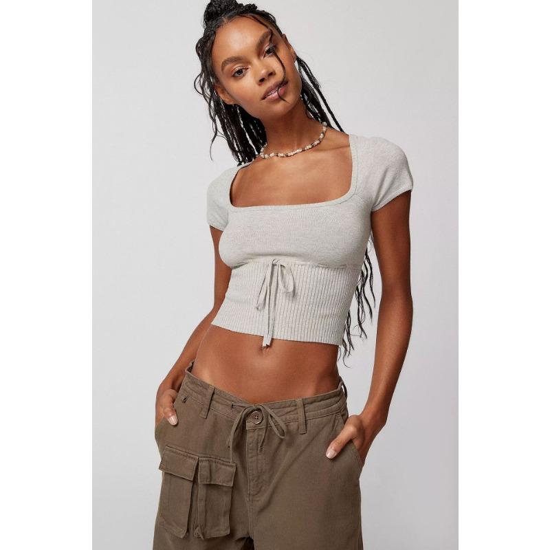 Women's Spice Girl Temperament Square Neck Short Sleeve Knit Short Sexy Lace Up Neckless Knit Top