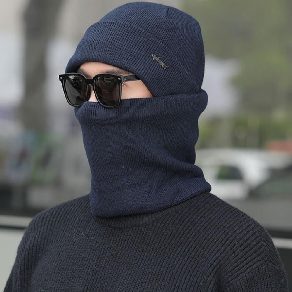 New Thickened Hat Scarf Set Winter Warm Knitted Ear Protection Cap Integrated Cap Scarf Cycling темно-синий