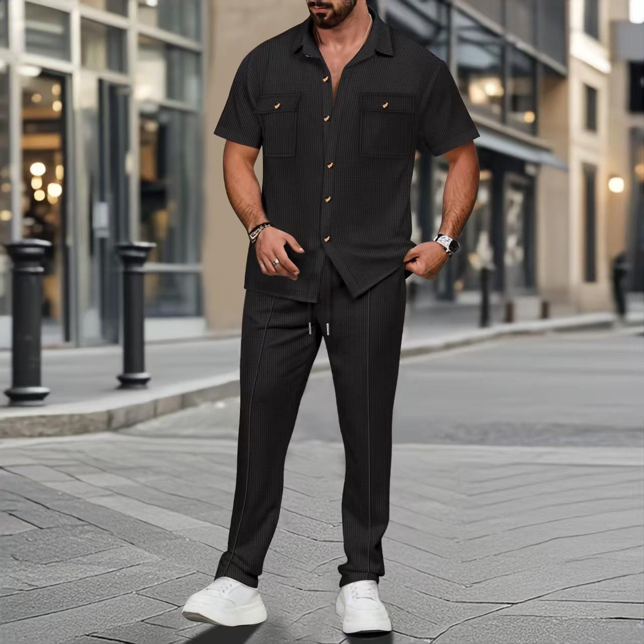 Herren Europäischer & Amerikanischer Stil Einfarbiges Zweiteiler-Set: Kurzärmiges Hemd mit Knopfleiste & Lange Hose für Sommer 2025 Large schwarz