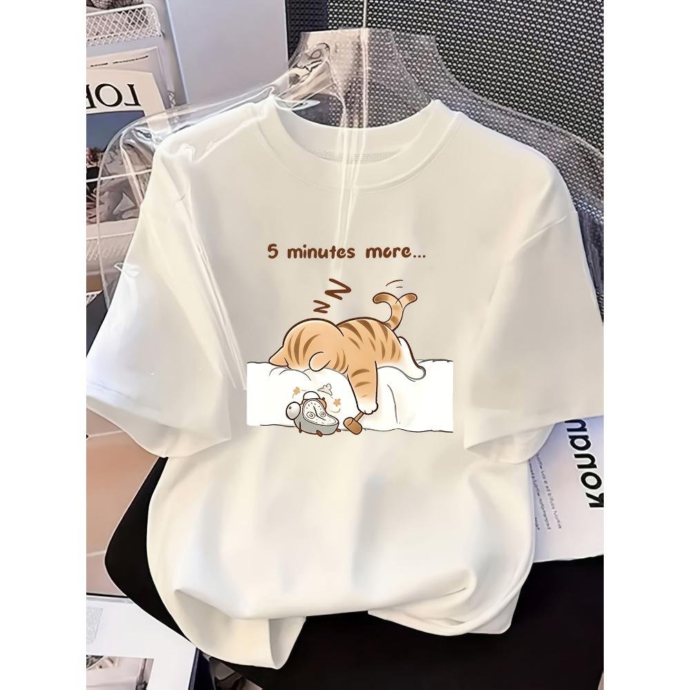 Ladies' Summer Round Neck Short Sleeved T-shirt with "Sleeping Cat" English Letter Print, Fashionable Street Style Casual Top