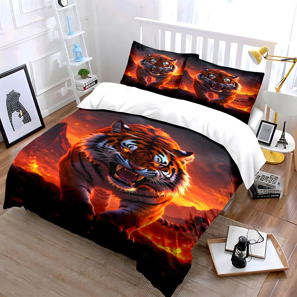 Fierce tiger with flames. Bedding sets Duvet cover sets Duvet covers Pillowcases(1*Duvet Cover 2*Pillowcases without duvet insert)